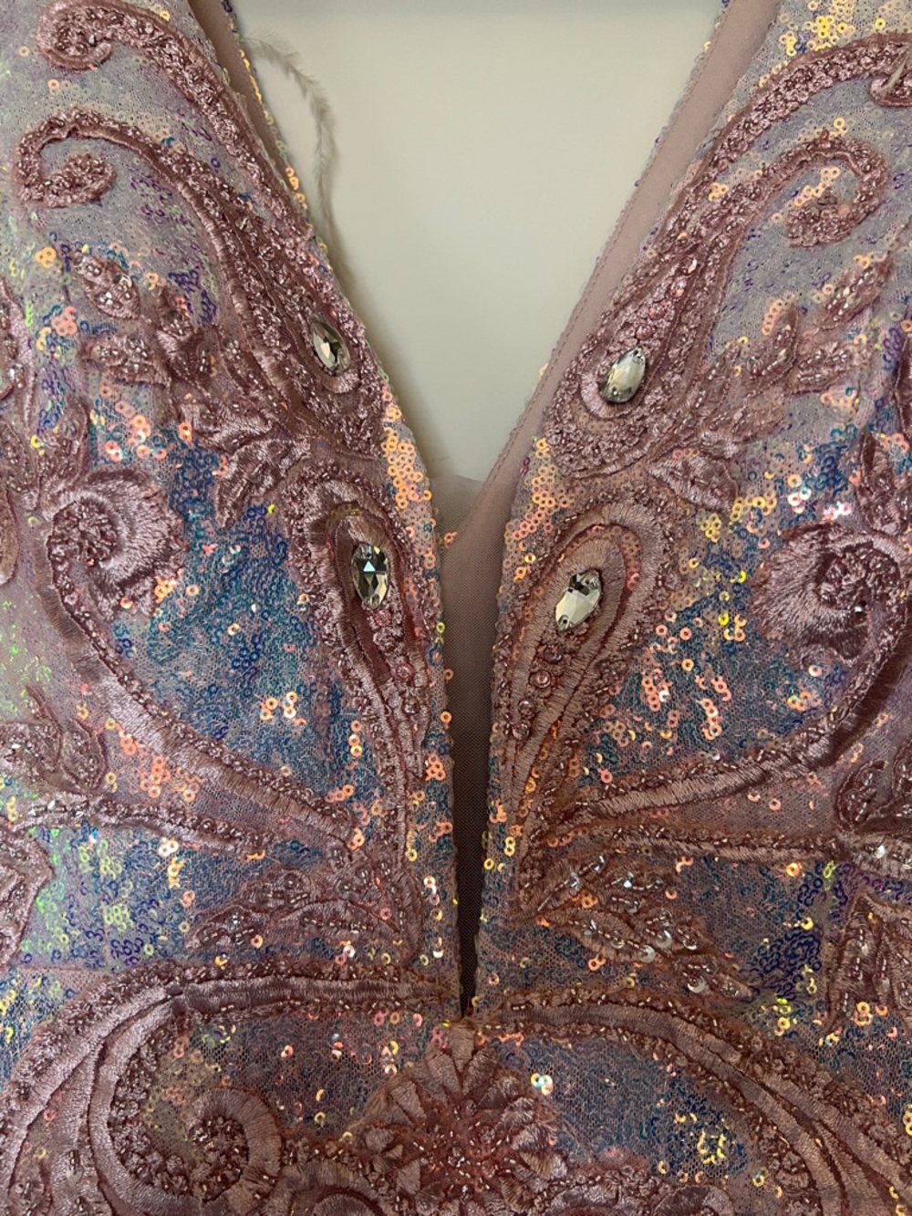 Portia & Scarlett Pink Blue Sequin Evening Gown with Feather Shoulders - Picture 5 of 16